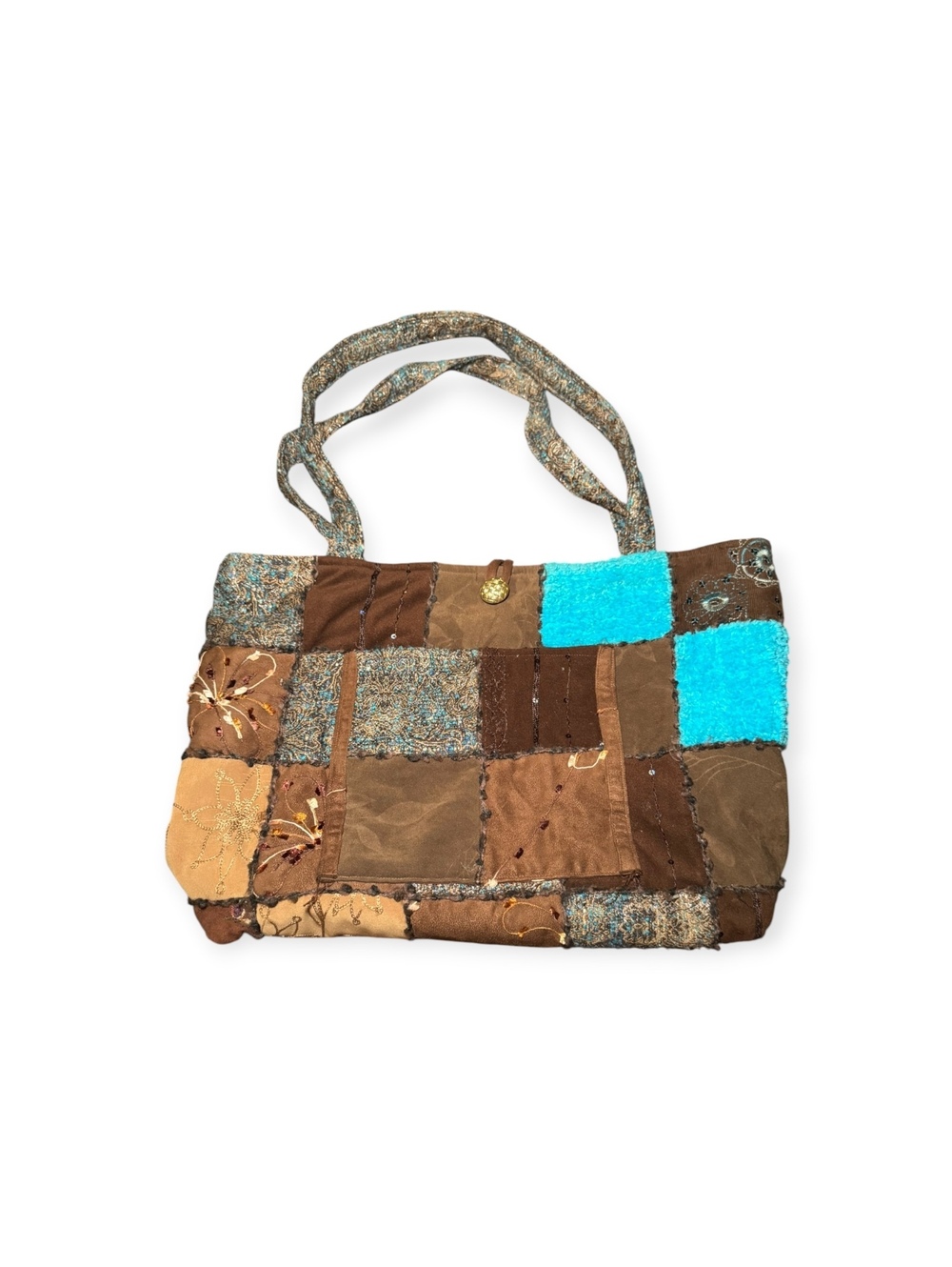 Large Patchwork Tote bag Brown and Blue Y2K RETRO handmade aesthetic GC Quilted